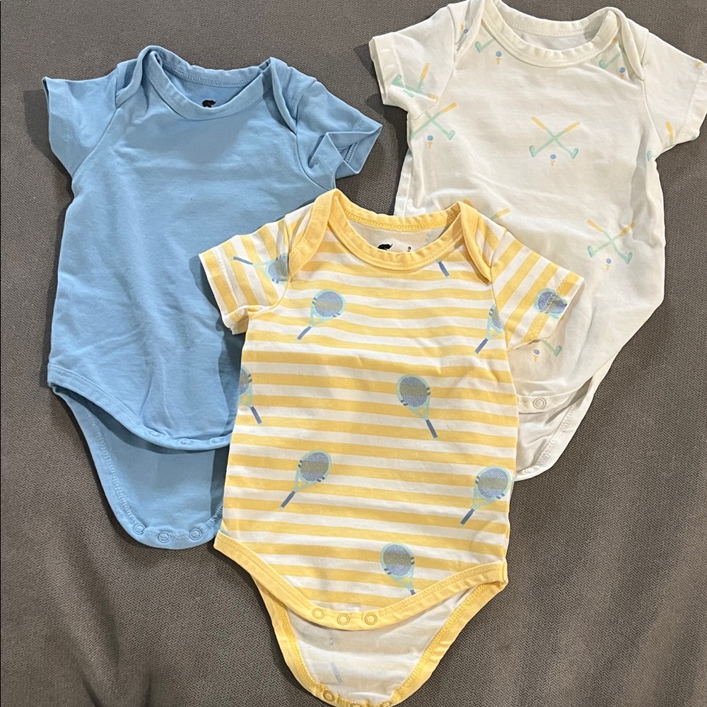 Monica + Andy Set of 3 bodysuits in blue, tennis, and golf